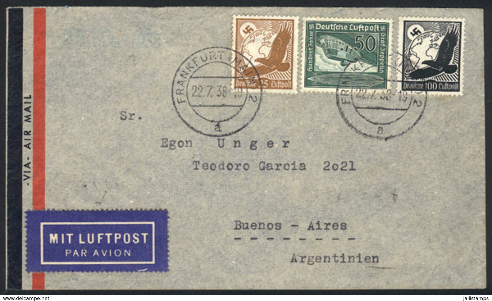 GERMANY: Airmail Cover Sent From Frankfurt To Buenos Aires On 22/JUL/1938 Franked With 1.75Mk., VF Quality! - Prefilatelia