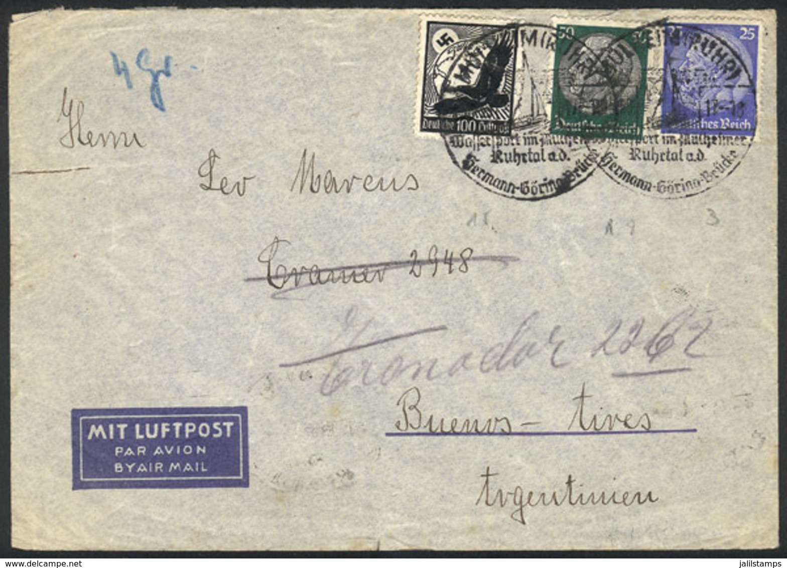 GERMANY: Airmail Cover Sent From Mulheim To Buenos Aires On 17/JUN/1939 Franked With 1.75Mk., Special Postmark Topic SHI - Precursores