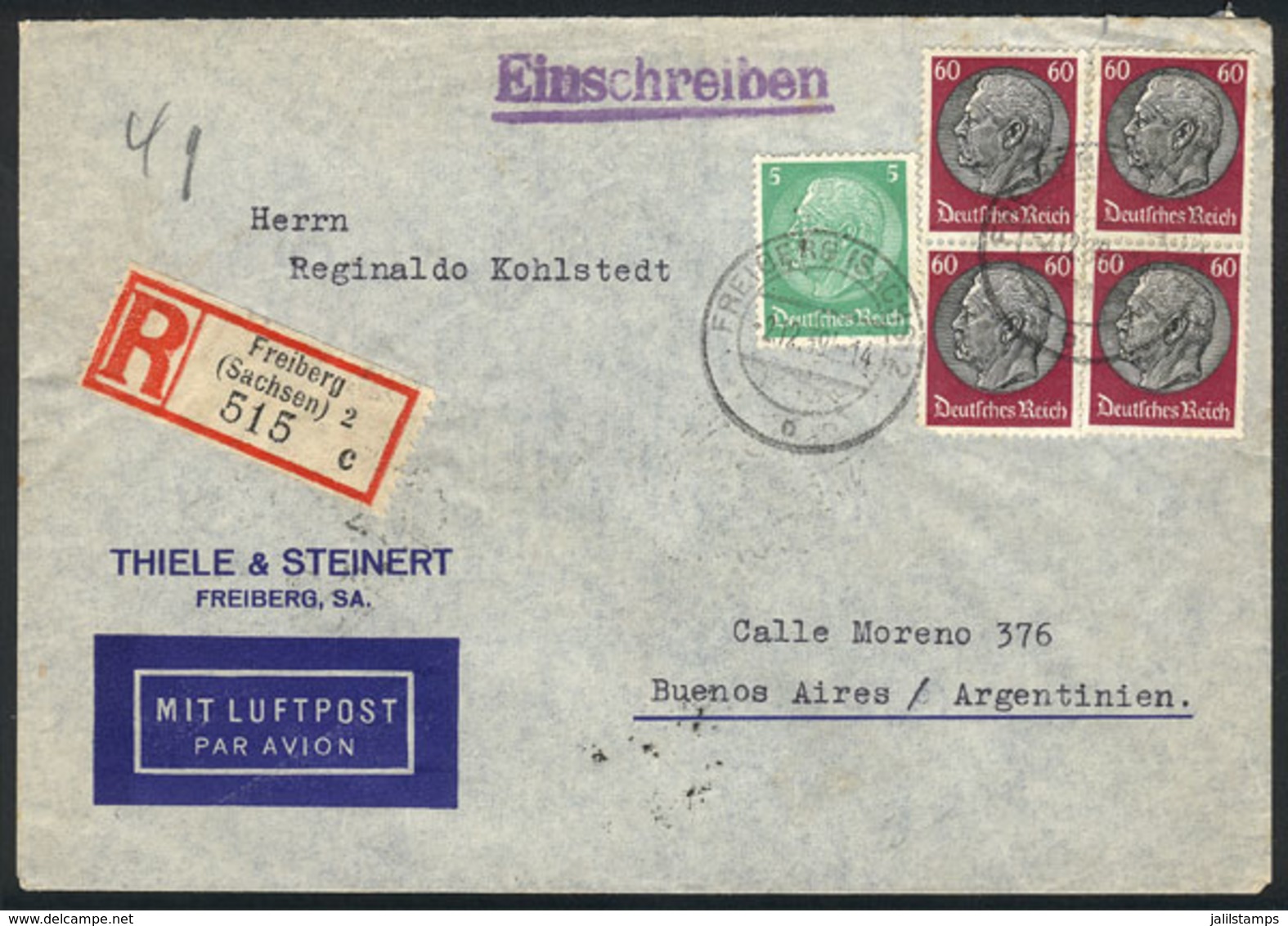 GERMANY: Registered Airmail Cover Sent From Freiberg To Buenos Aires On 2/DE/1939 Franked With 2.45Mk., With Transit Bac - Precursores