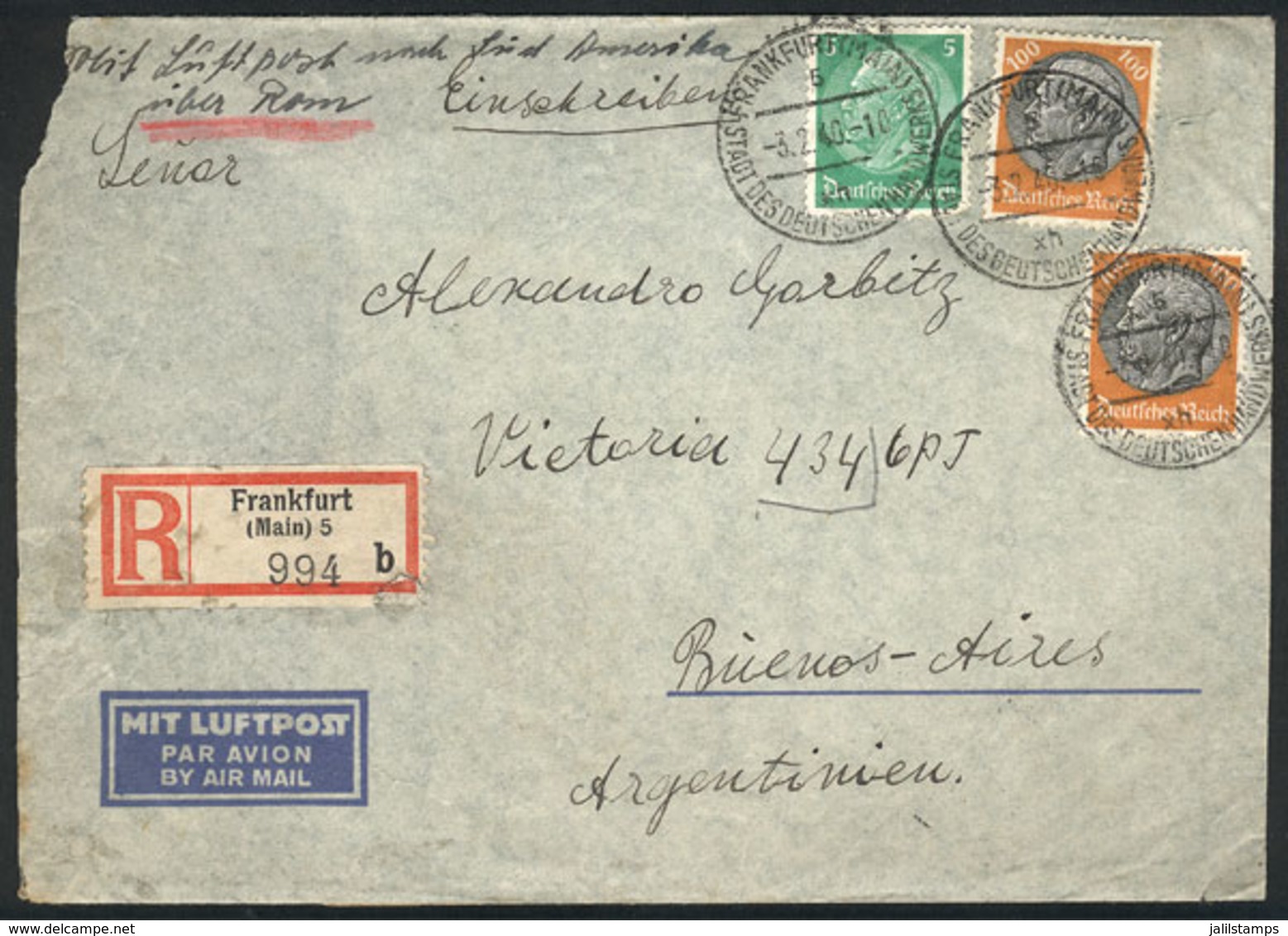 GERMANY: Registered Airmail Cover (with Original Letter Included) Sent From Frankfurt To Buenos Aires On 3/FE/1940, Fran - Prephilately