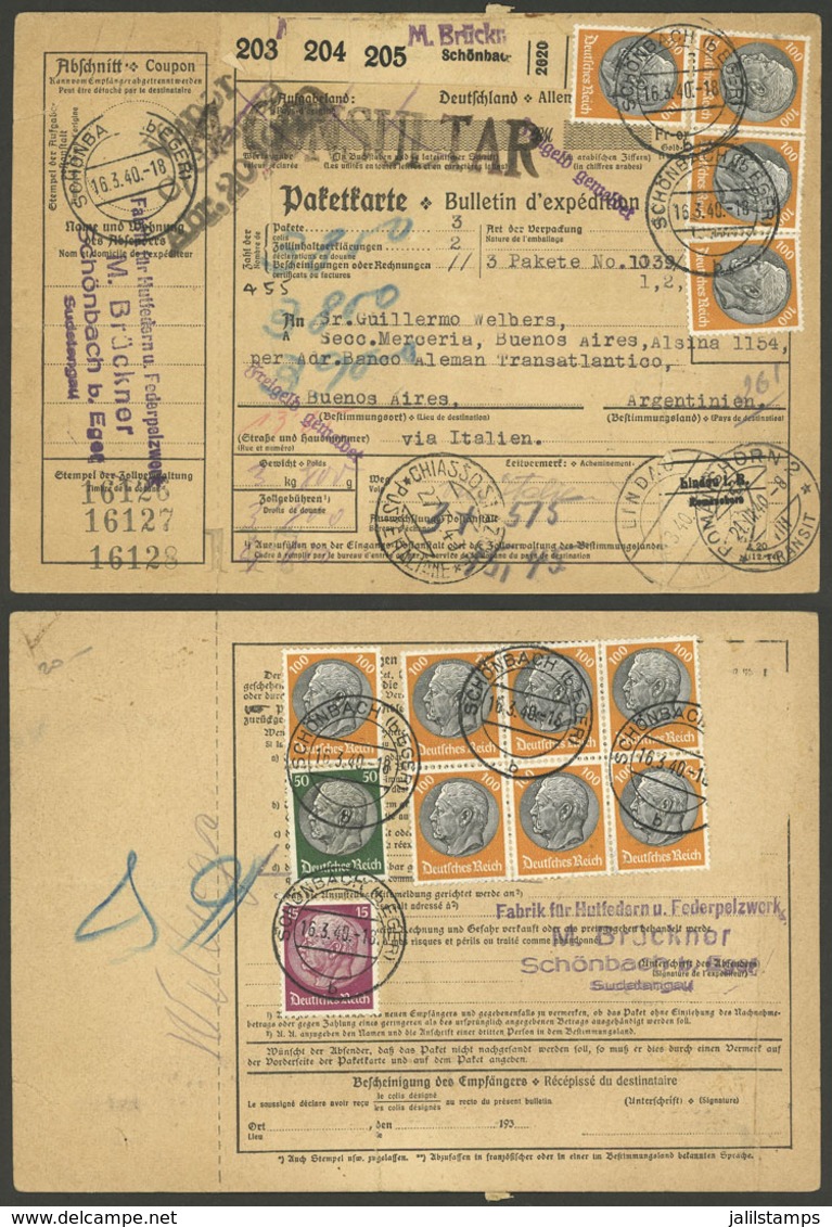 GERMANY: Dispatch Note Of A Parcel Post Sent From Schonbach To Buenos Aires On 16/MAR/1940 By Steamer Conte Grande, With - Prephilately