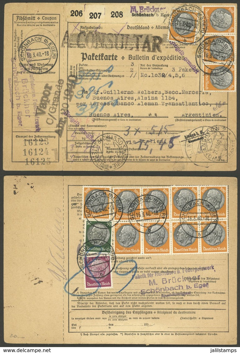 GERMANY: Dispatch Note Of A Parcel Post Sent From Schonbach To Buenos Aires On 16/MAR/1940 By Steamer Conte Grande, With - Prephilately