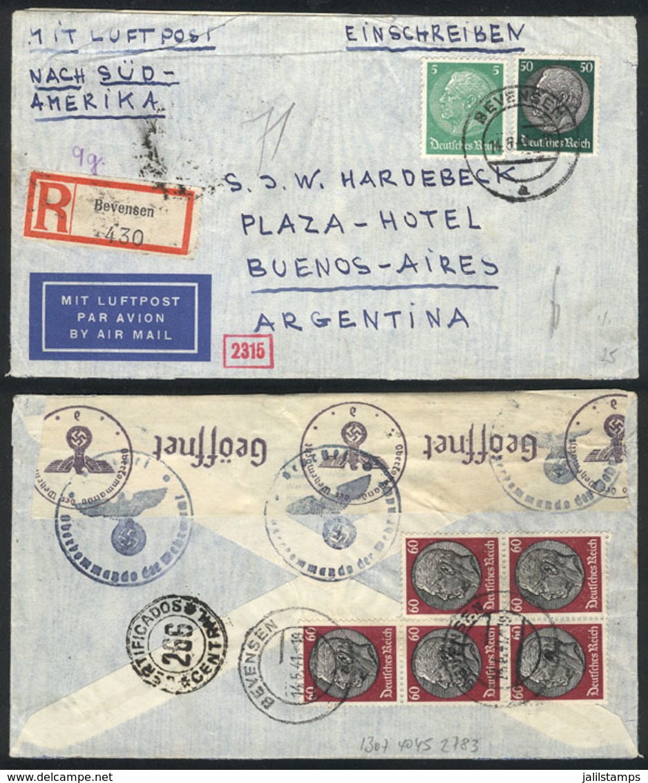 GERMANY: Registered Airmail Cover Sent From Bevensen To Buenos Aires On 14/MAY/1941 Franked With 3.55Mk., Nazi Censor La - Precursores