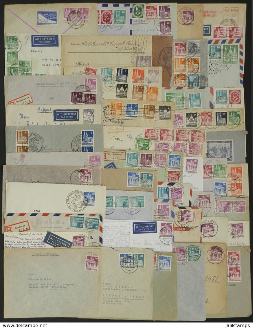 GERMANY: 42 Covers Or Cards + 1 Front Of Parcel Post Sent To Argentina Between 1948 And 1952 With Very Attractive And In - Prefilatelia