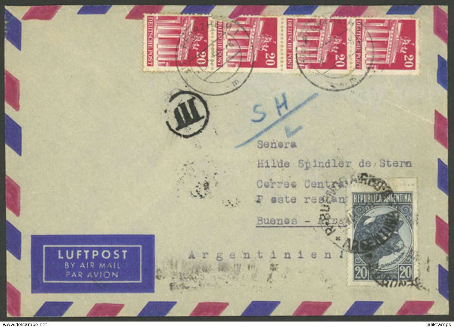 GERMANY: MIXED POSTAGE: Airmail Cover Sent To Argentina (Poste Restante) On 13/MAR/1950, Franked With Bizone Stamps For  - Vorphilatelie