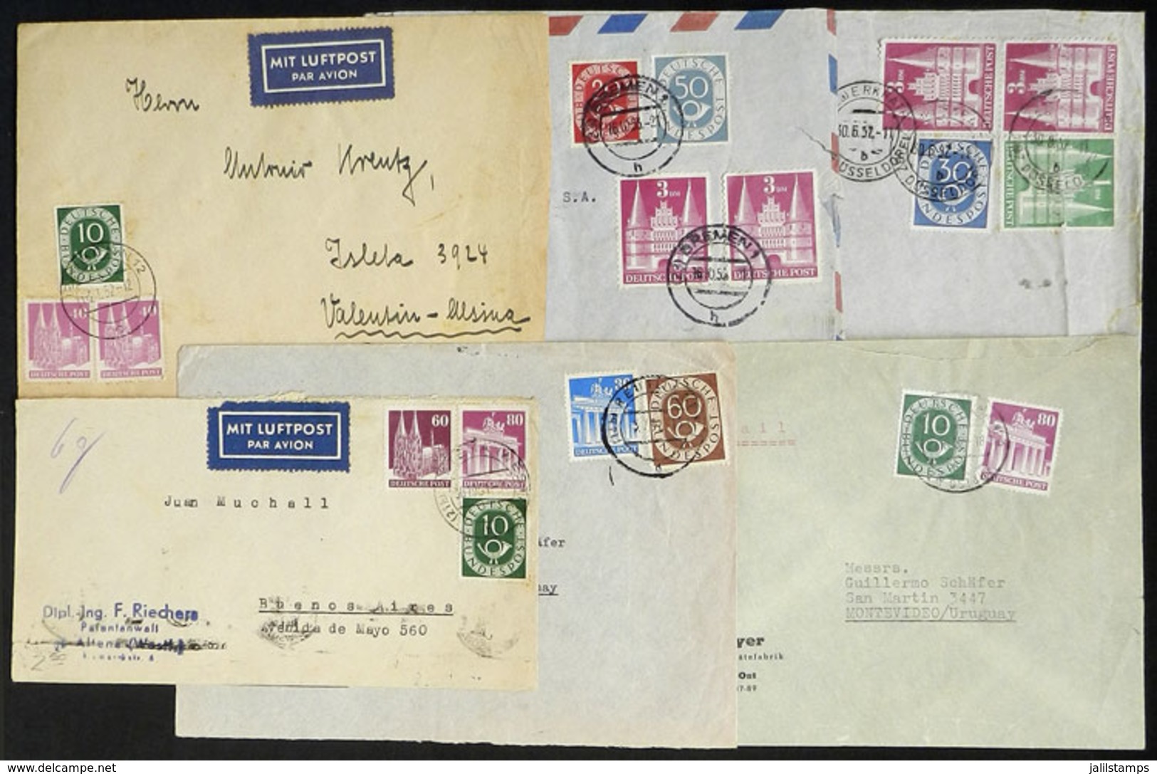 GERMANY: BIZONE, MIXED POSTAGES: 6 Covers Sent To South America Between 1951 And 1953, All Include In Their Postage Comb - Prefilatelia