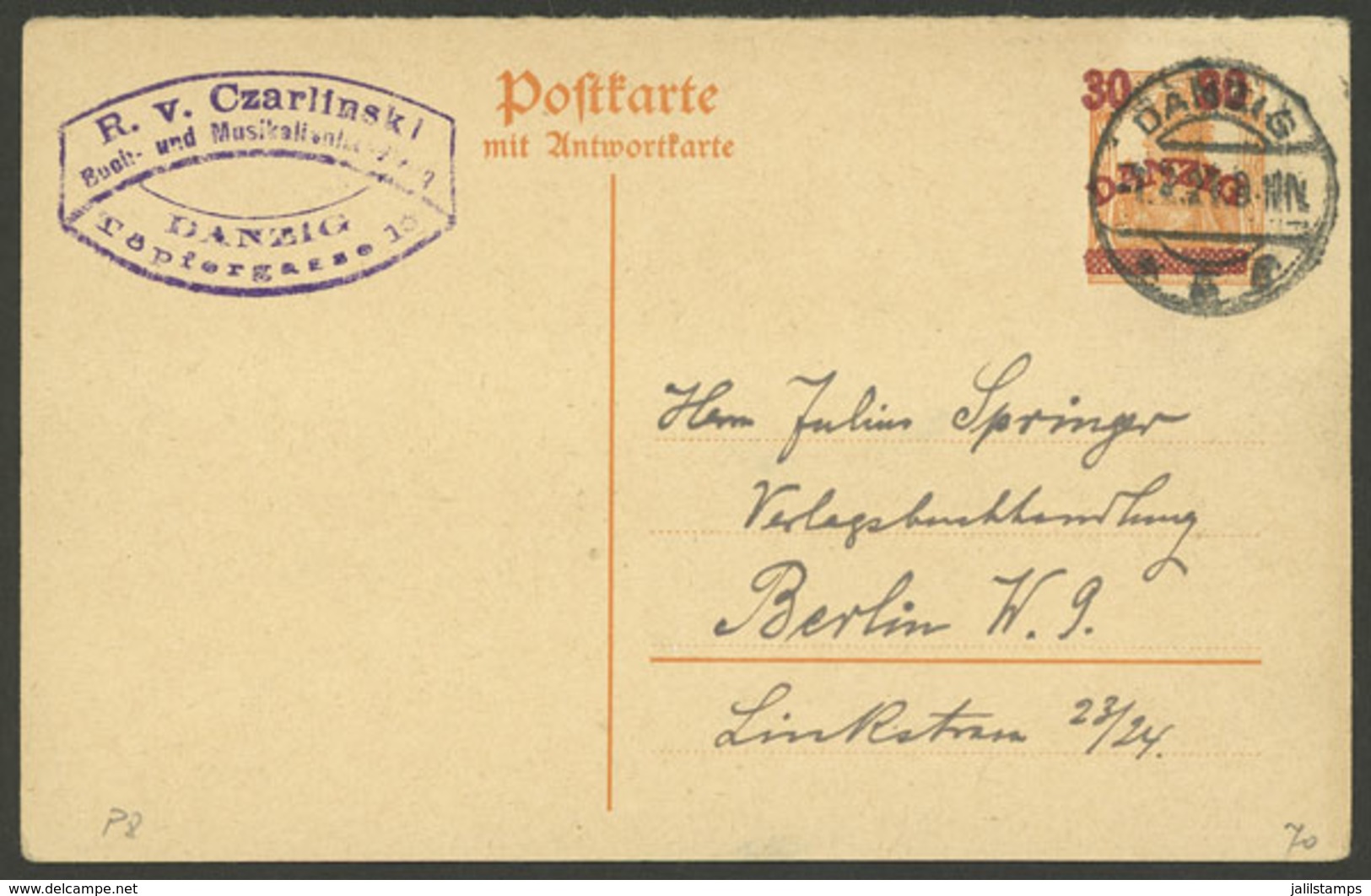 GERMANY - DANZIG: Overprinted Postal Card Of 30Pf. Sent To Berlin On 1/FE/1921, VF Quality! - Other & Unclassified