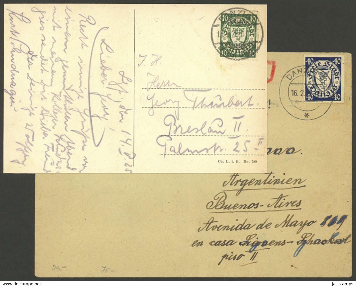 GERMANY - DANZIG: Postcard Sent To Breslau In 1925 Franked With 10Pg. + Cover To Buenos Aires In 1929 Franked With 40Pg. - Otros & Sin Clasificación