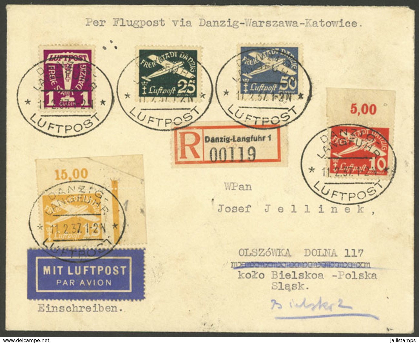 GERMANY - DANZIG: 11/FE/1937 Registered Cover Carried On The Danzig - Warzawa - Katowice Flight, With Arribal Backstamp  - Other & Unclassified