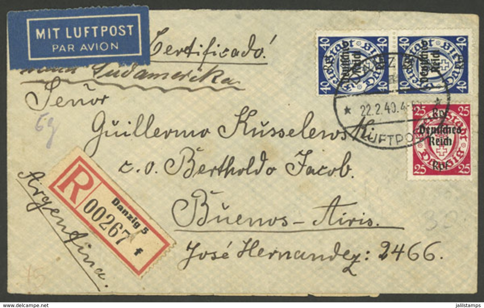 GERMANY - DANZIG: Registered Airmail Cover Sent To Argentina On 22/FE/1940, On Back Nazi Censor Label And Arrival Mark,  - Sonstige & Ohne Zuordnung