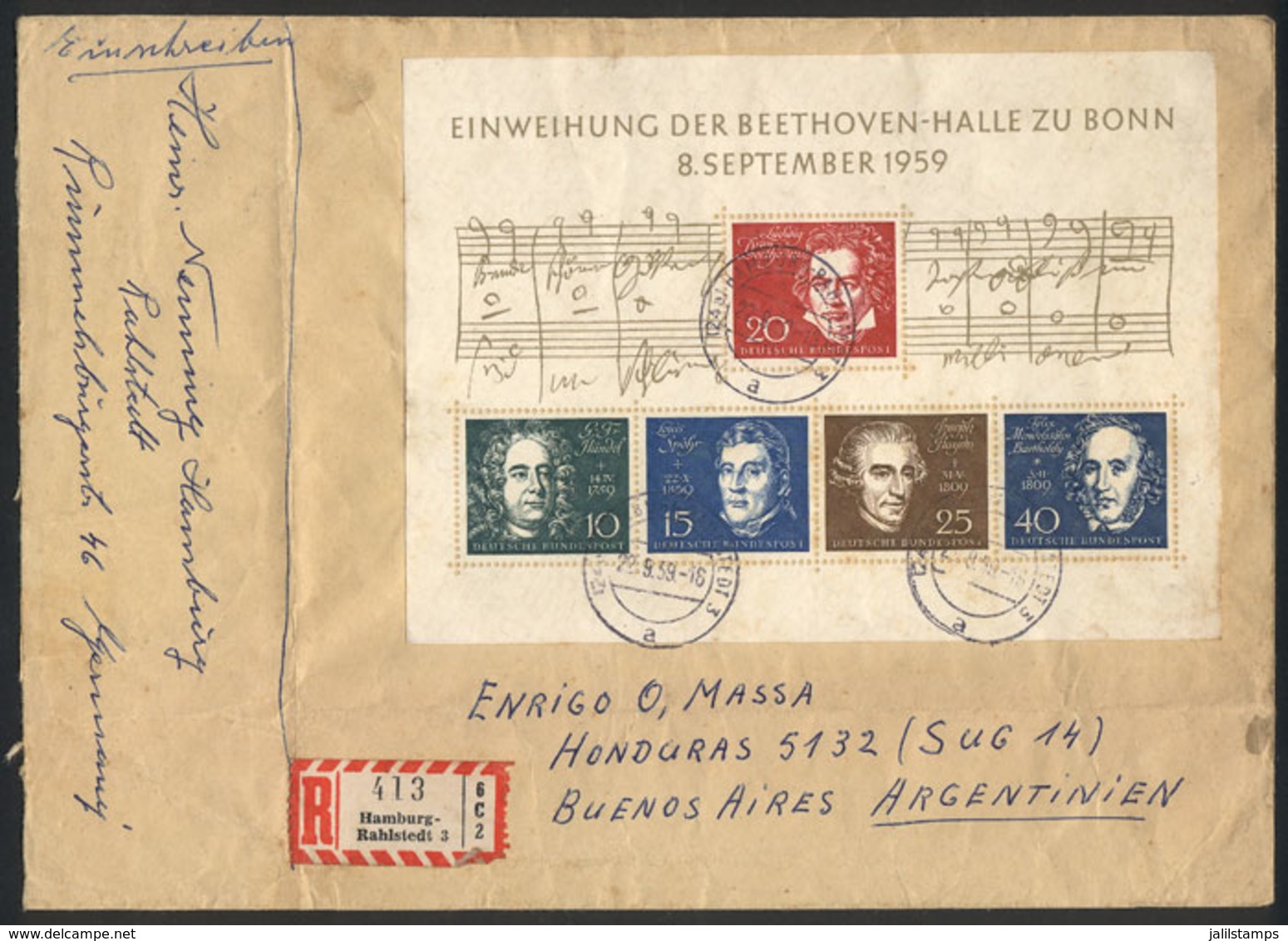 WEST GERMANY: Registered Cover Sent From Hamburg To Buenos Aires On 22/SE/1959, Franked With Souvenir Sheet Michel 2 (Be - Covers & Documents