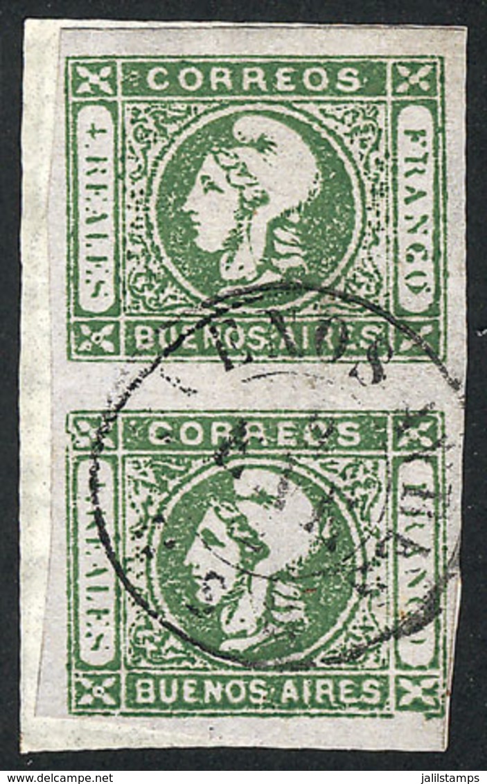 ARGENTINA: GJ.16, 4R. Worn Impression, Dark Green, Handsome Vertical Pair On Small Fragment, Cancelled Buenos Aires 21/J - Buenos Aires (1858-1864)