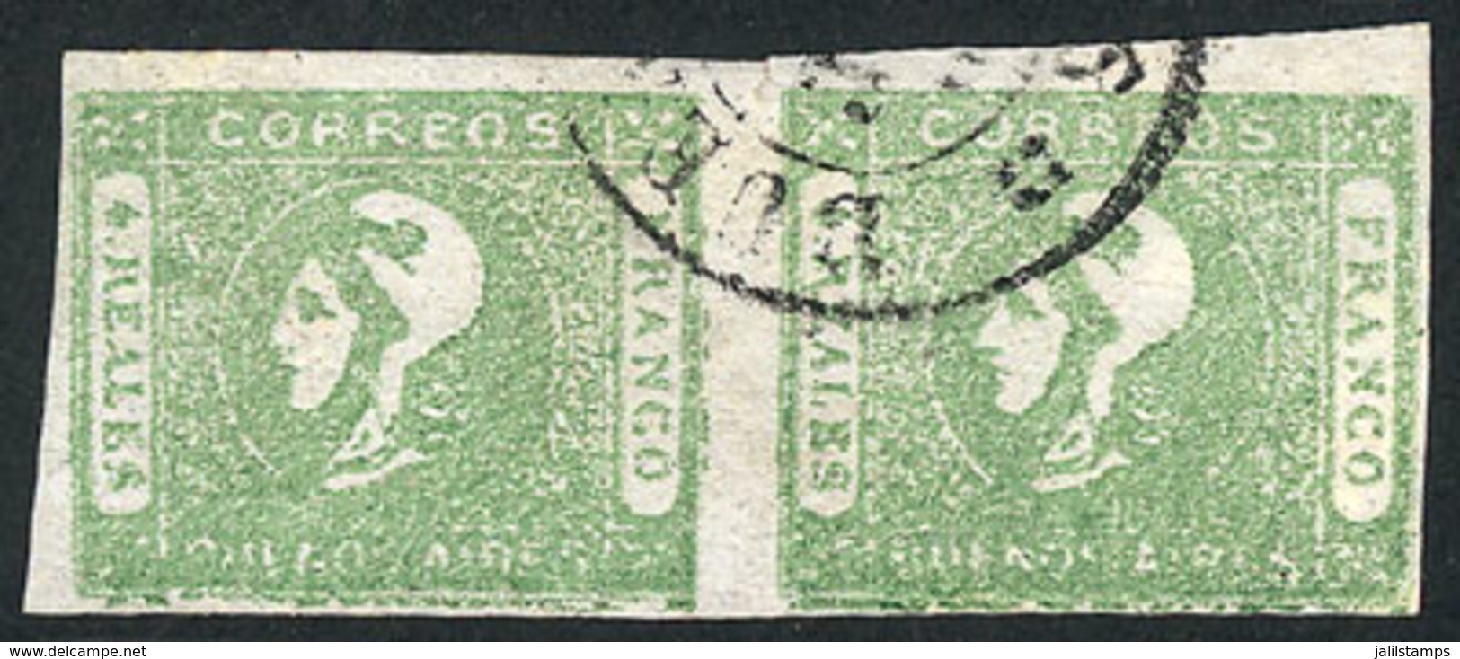 ARGENTINA: GJ.16, 4R. Worn Impression, Rare "bright" Yellow-green Color, Beautiful Horizontal Pair Of Four Margins, Used - Buenos Aires (1858-1864)