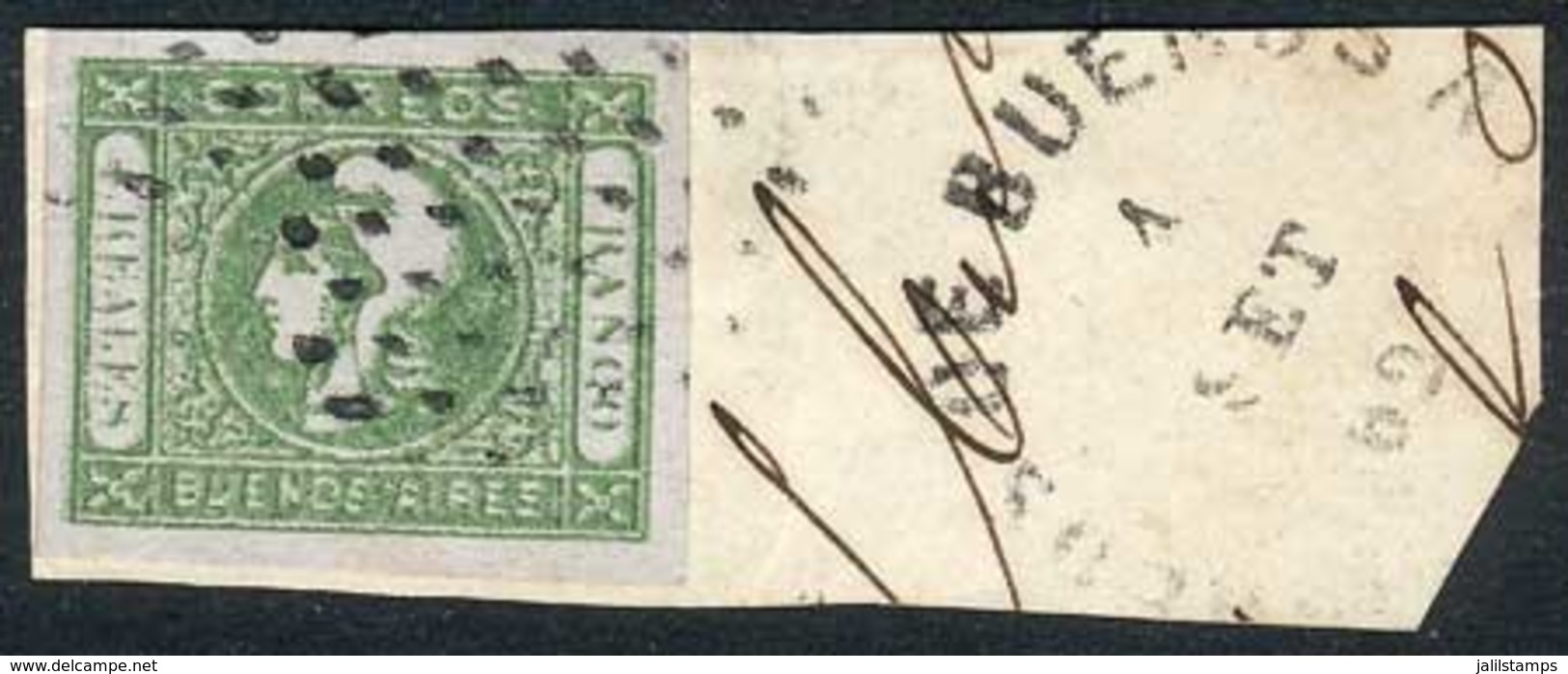 ARGENTINA: GJ.16a, 4R. Green Worn Impression, COMPLETE DOUBLE IMPRESSION Variety, Tied On Fragment By Dotted Cancel Alon - Buenos Aires (1858-1864)