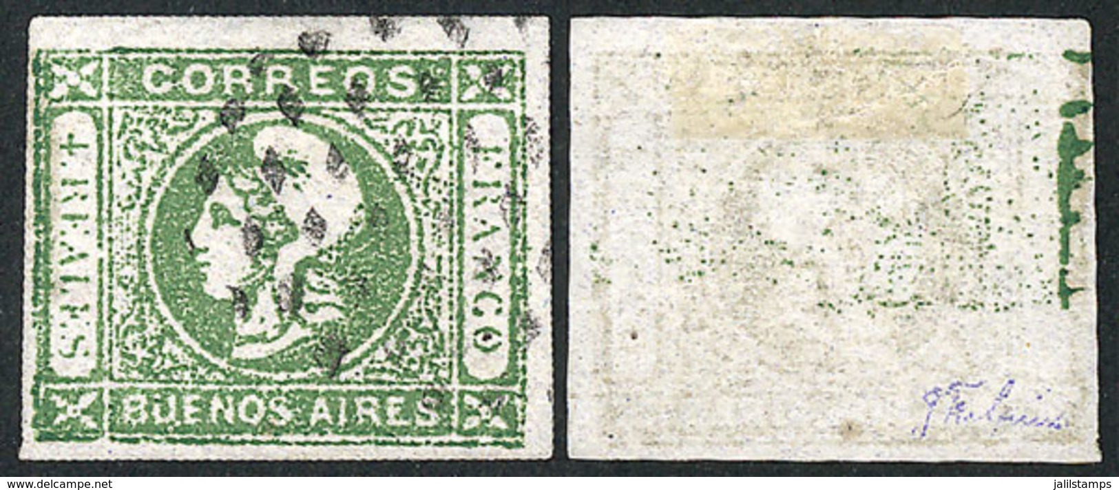 ARGENTINA: GJ.16, 4R. Green, Worn Impression, PARTIAL DOUBLE IMPRESSION ON REVERSE Variety (VK.16c), Excellent Quality,  - Buenos Aires (1858-1864)