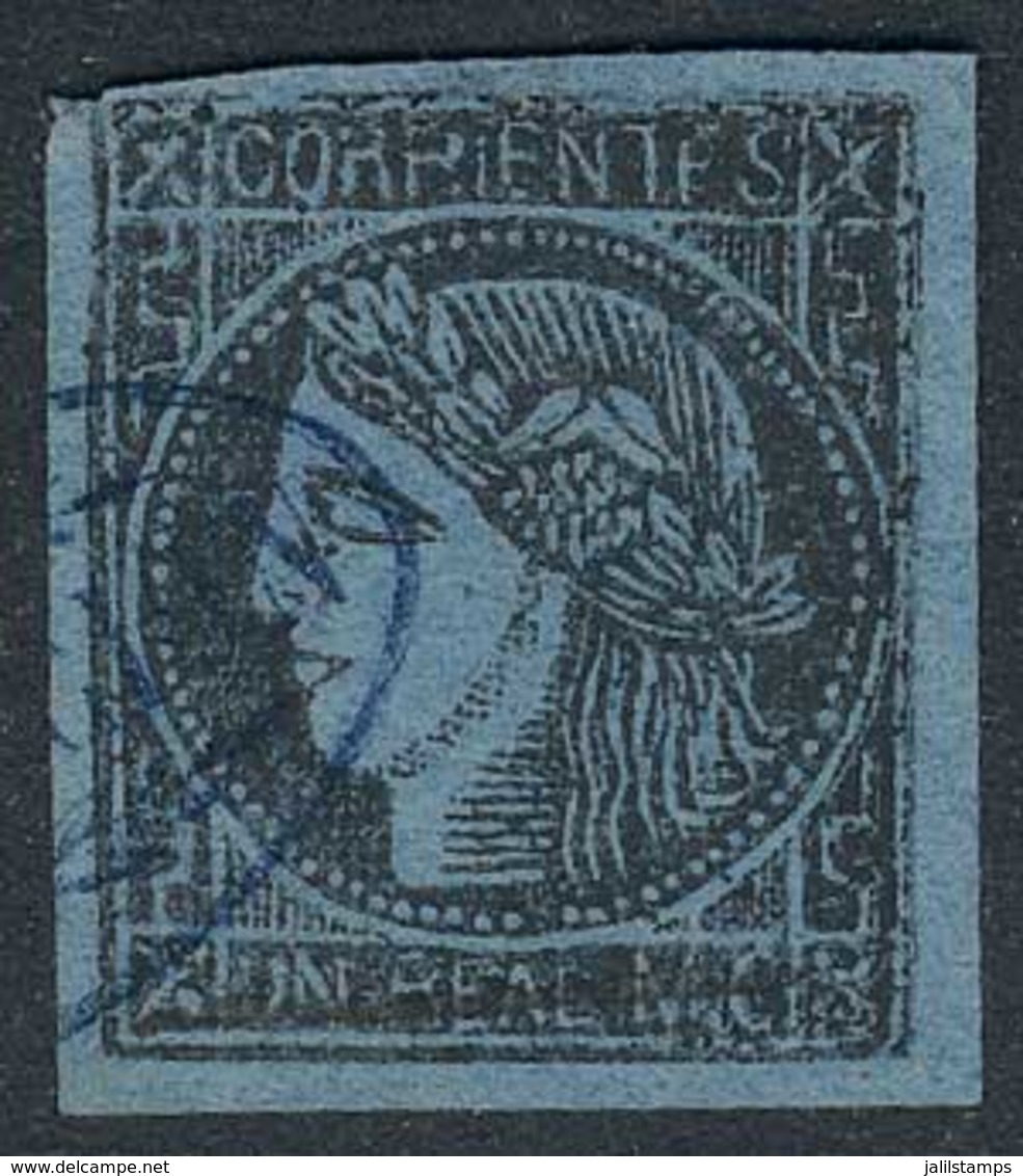 ARGENTINA: GJ.2, 1860 Provisional, With Pen Stroke Over The Face Value, Ellipse RESTAURACIÓN Cancel In Blue, Extremely R - Corrientes (1856-1880)