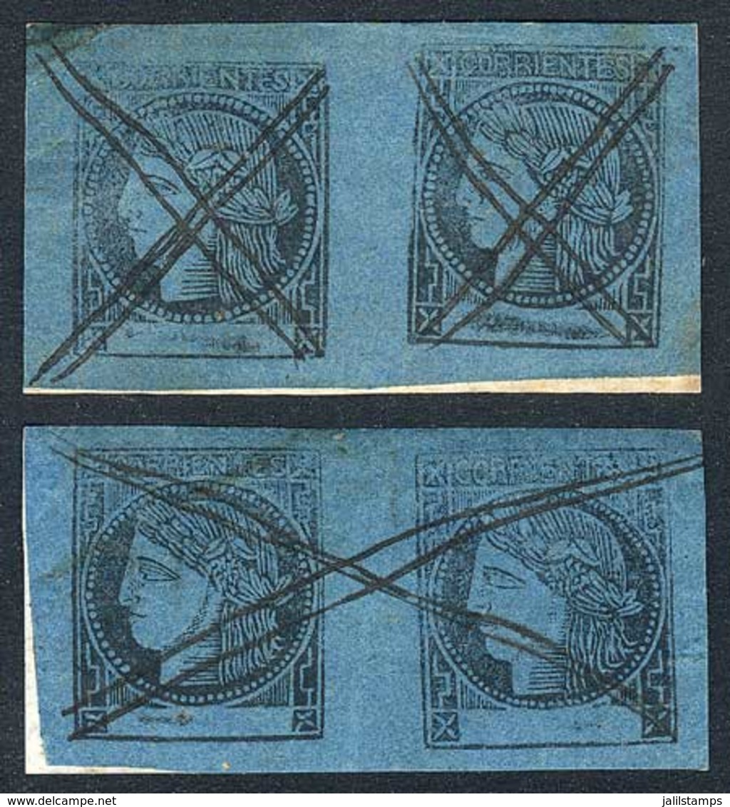 ARGENTINA: GJ.3, Blue, 2 Pairs With Interesting Pen Cancels, VF Quality! - Corrientes (1856-1880)