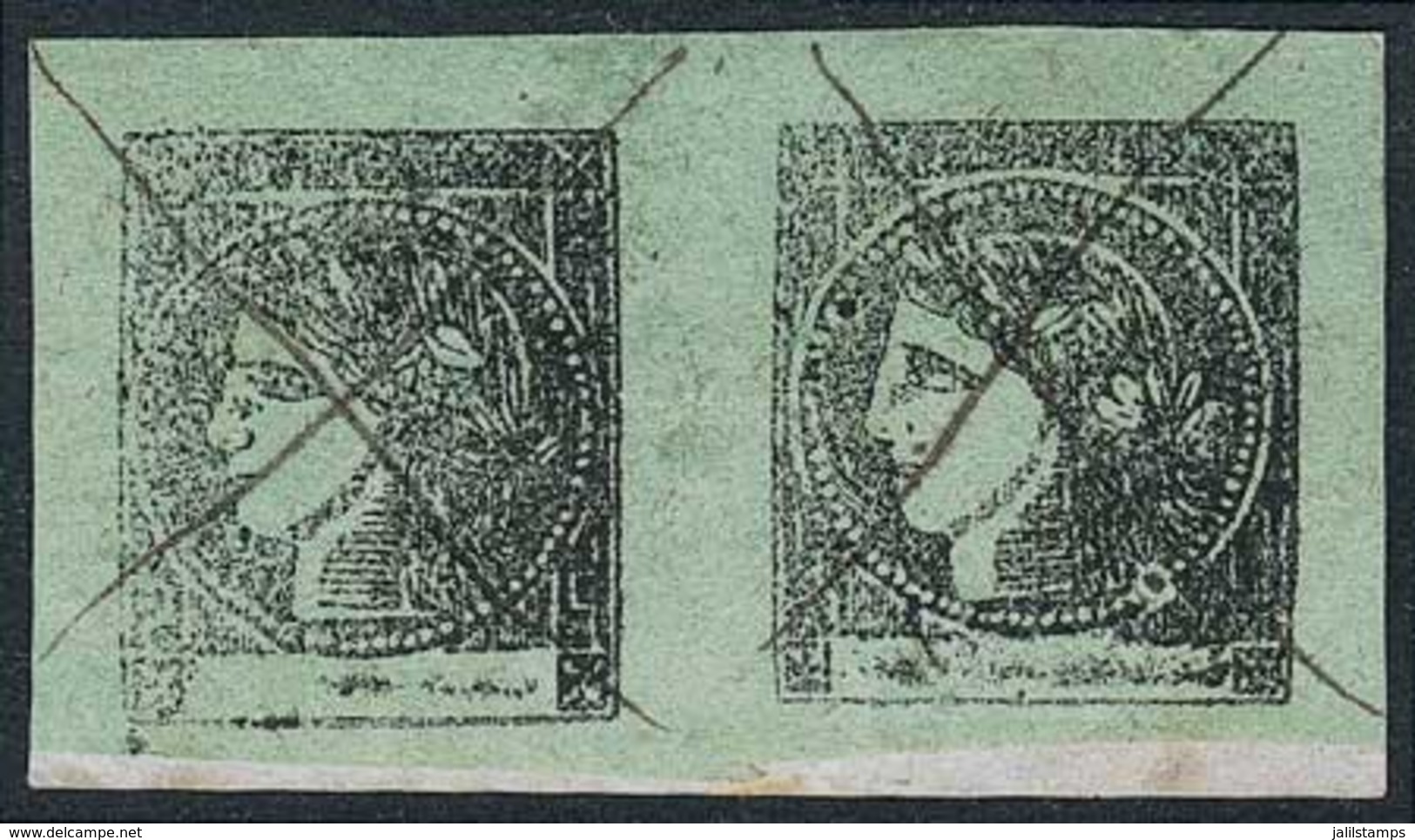 ARGENTINA: GJ.4, Yellow Green, PAIR Of Wide Margins, Pen Cancelled On Fragment, Superb! - Corrientes (1856-1880)