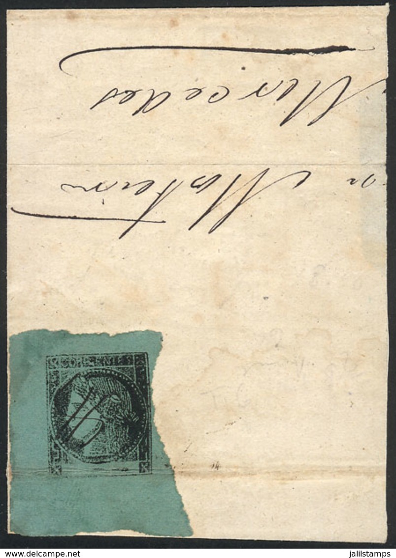 ARGENTINA: GJ.5, Bluish Green, Type 6 With 3 Huge Margins, On Large Fragment Dated 21/AU/1866 And Typical Pen Cancel Of  - Corrientes (1856-1880)