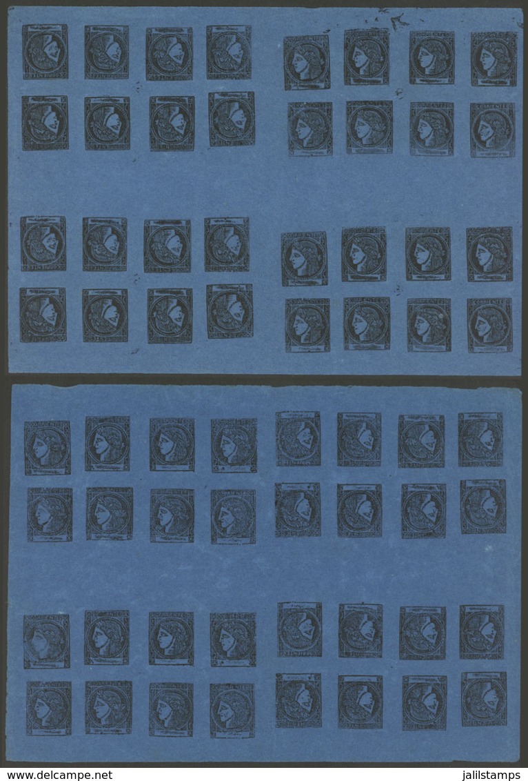 ARGENTINA: GJ.7, Dark Blue, 2 Complete Sheets Of 32 Stamps Each, DISPOSITION III And IV (the 2 That Were Used For This V - Corrientes (1856-1880)