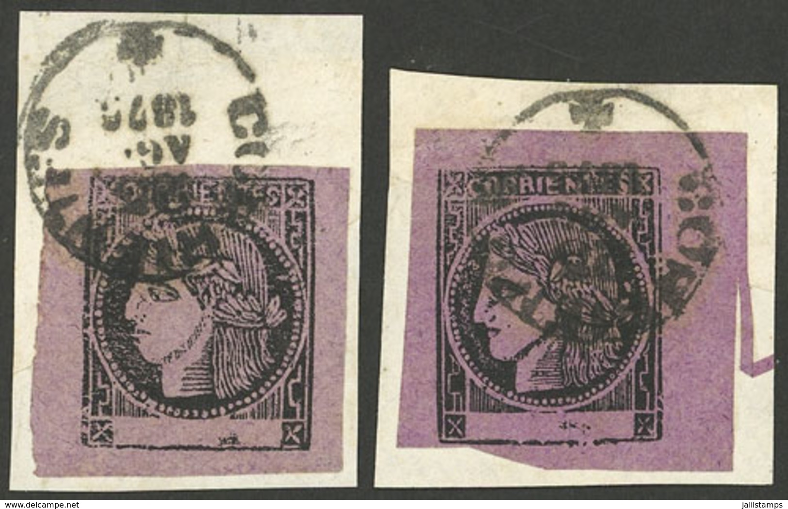 ARGENTINA: GJ.9, Dark Rose-lilac And Purple, Very Different Between Them, On Fragments USED ON THE SAME DAY, Both With C - Corrientes (1856-1880)