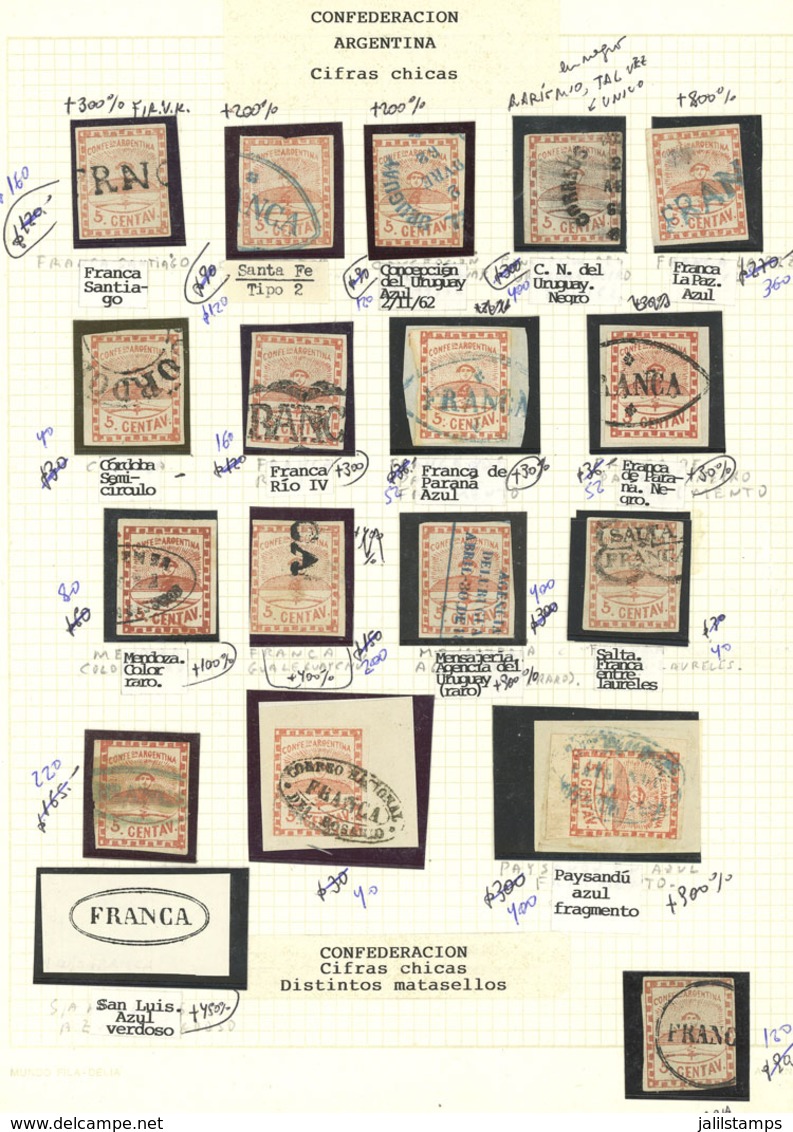 ARGENTINA: GJ.1, SELECTION OF CANCELS, Page With 17 Stamps With Rare Marks, For Example: Paysandú (blue, On Fragment), A - Nuevos