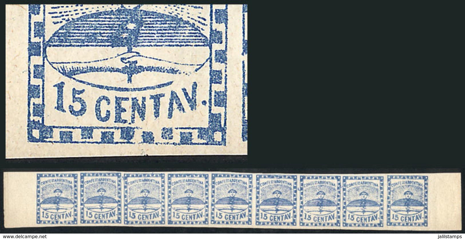 ARGENTINA: GJ.3e + 3a, 15c. Blue Small Figures, Strip With The 9 Types, The 1st Stamp With VARIETY: "Letters TAV With Re - Nuovi