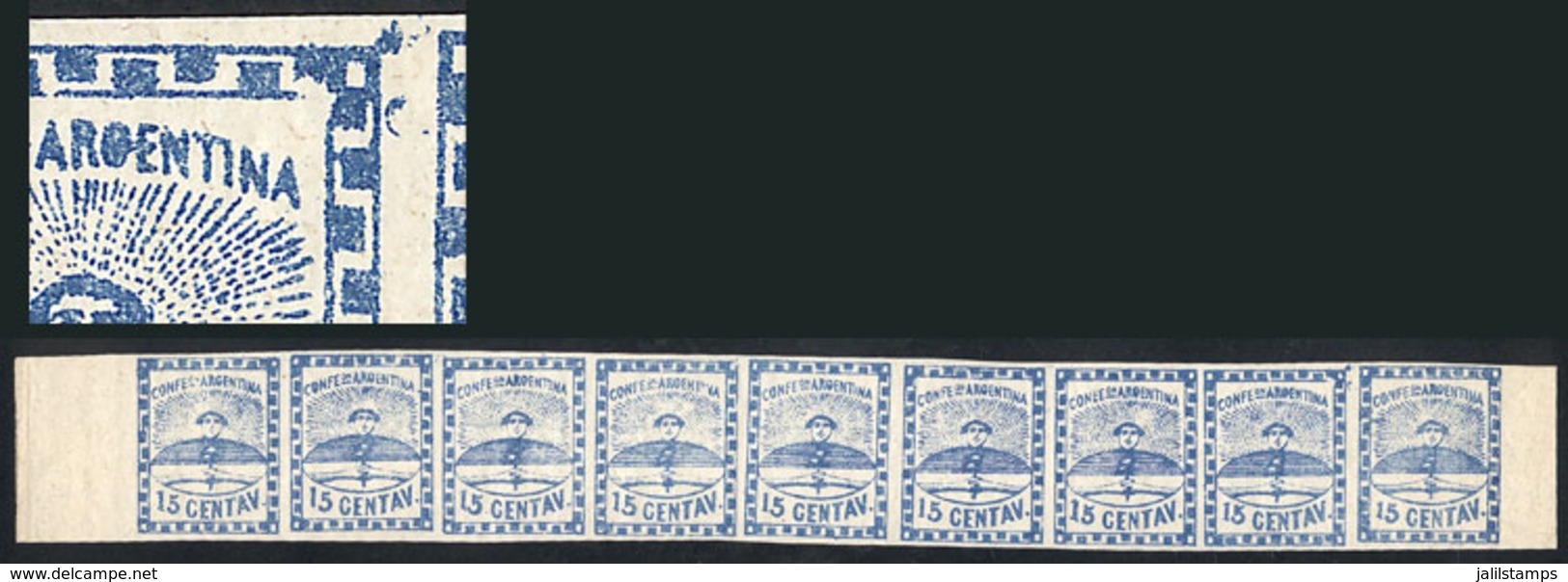 ARGENTINA: GJ.3j + 3a, 15c. Blue Small Figures, Strip With The 9 Types, The 8th Stamp With VARIETY: "Top Right Inner Cor - Nuovi
