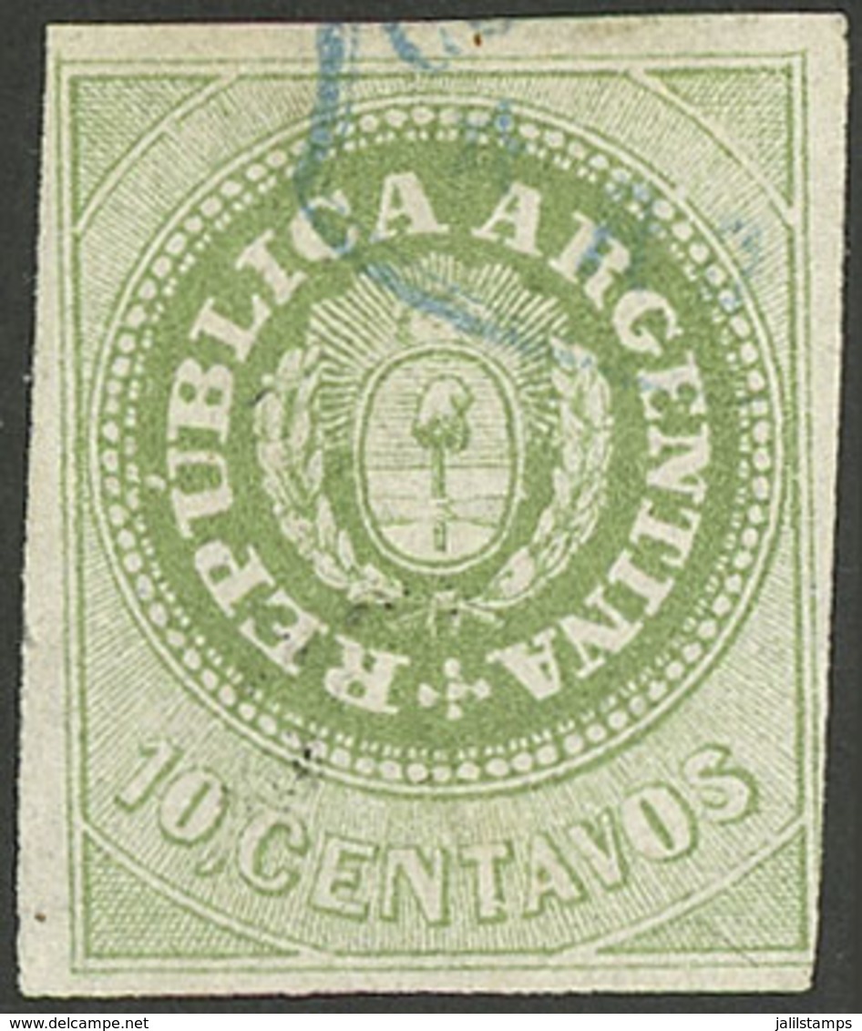 ARGENTINA: GJ.8Ab, 10c. OLIVE Green, With Variety "8 Cut Angles", Used With Light Rosario Cancel, Very Rare!" - Unused Stamps