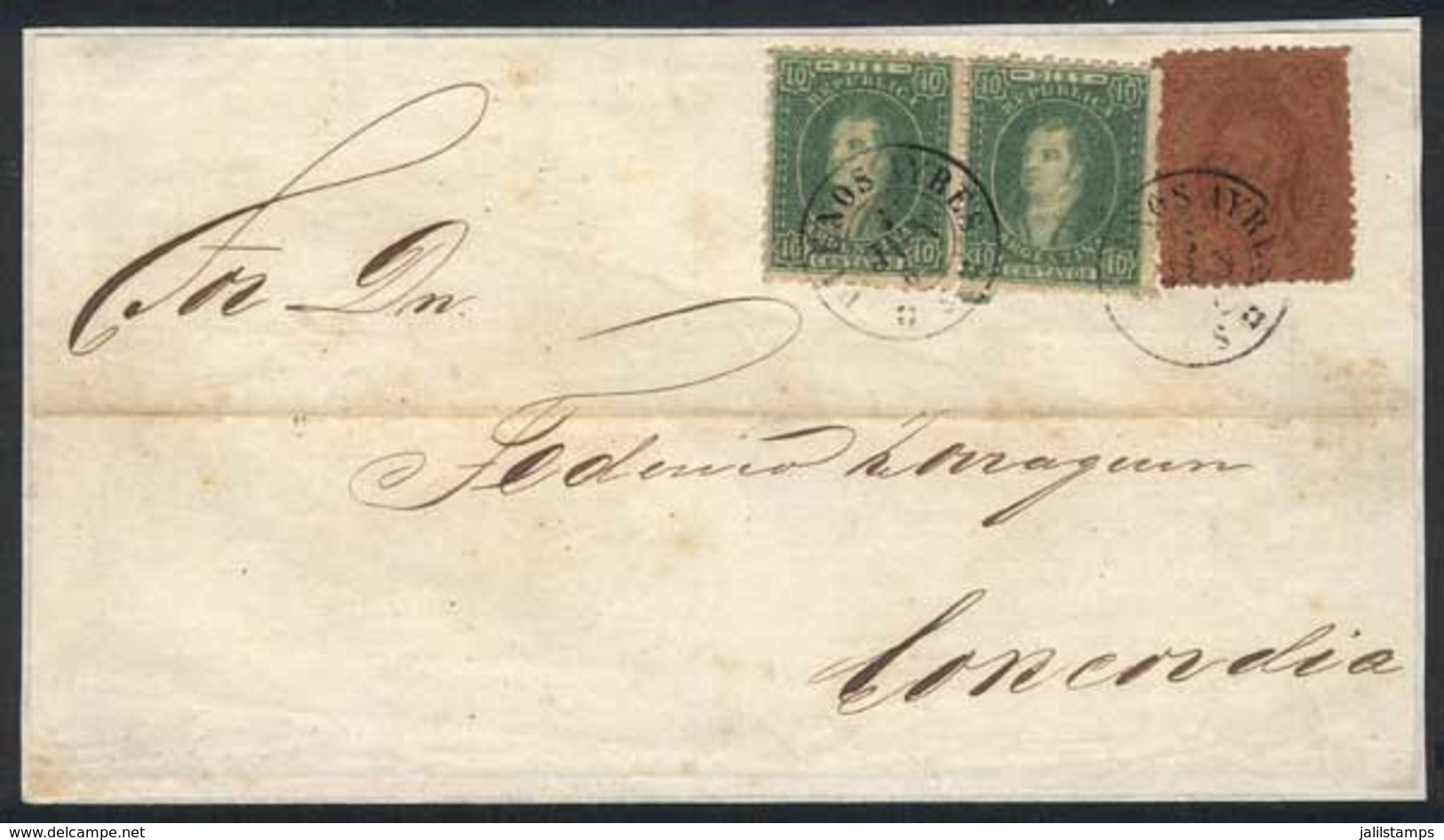 ARGENTINA: Front Of Folded Cover Franked With An Example Of 3rd Printing (GJ.20), Toned Due To Brown Gum + Pair 10c. Sem - Usati