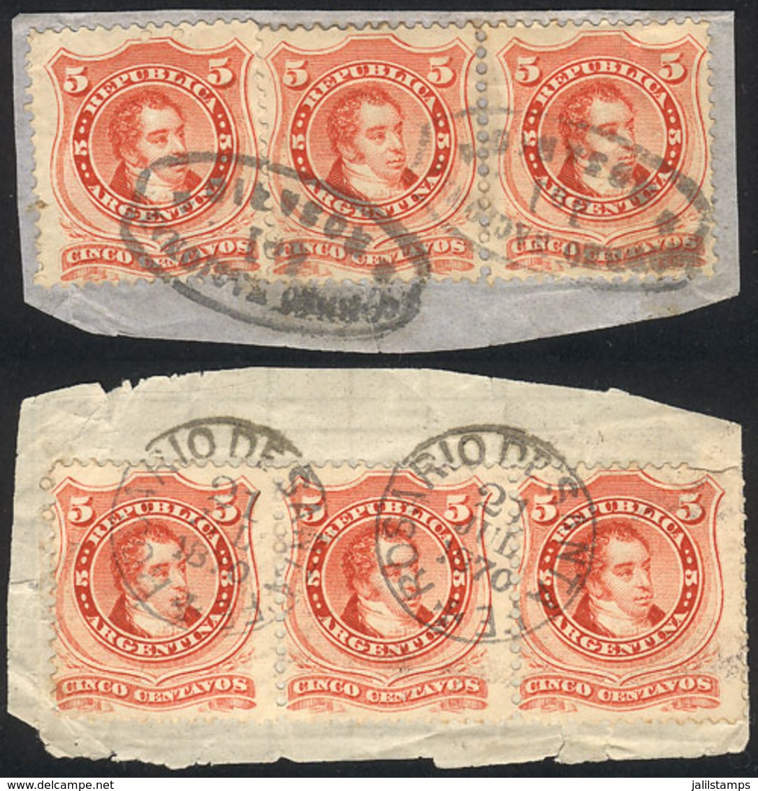 ARGENTINA: GJ.38, Strip Of 3 + Pair And Single On Fragments Tied By Postmarks Of Rosario, Excellent Quality! - Sonstige & Ohne Zuordnung