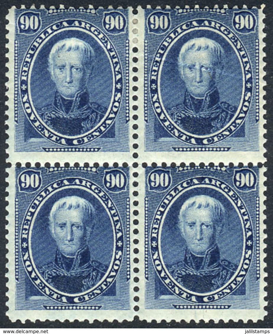 ARGENTINA: GJ.44, 1867 90c. Saavedra, Mint Block Of 4 Of Very Fine Quality, The Bottom Stamps Are Never Hinged (+100%),  - Autres & Non Classés