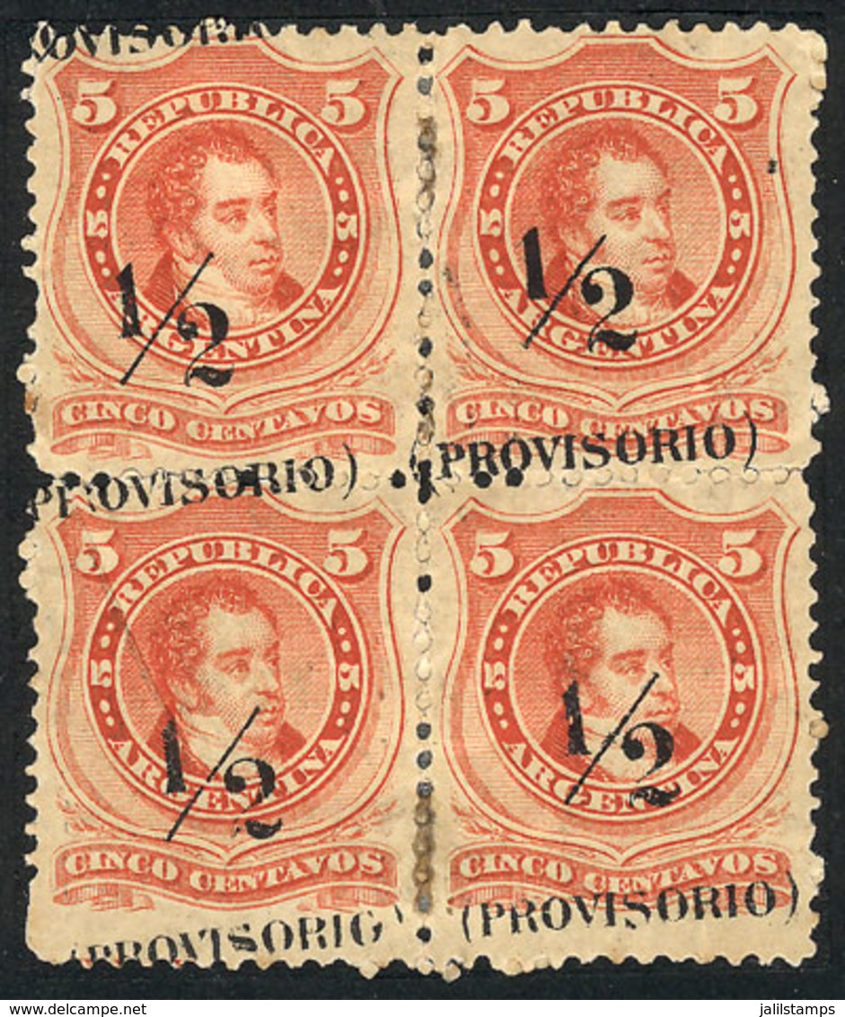 ARGENTINA: GJ.59d, Block Of 4 With Variety: DIAGONAL OVERPRINT, Mint, Part Gum, Very Nice! - Sonstige & Ohne Zuordnung