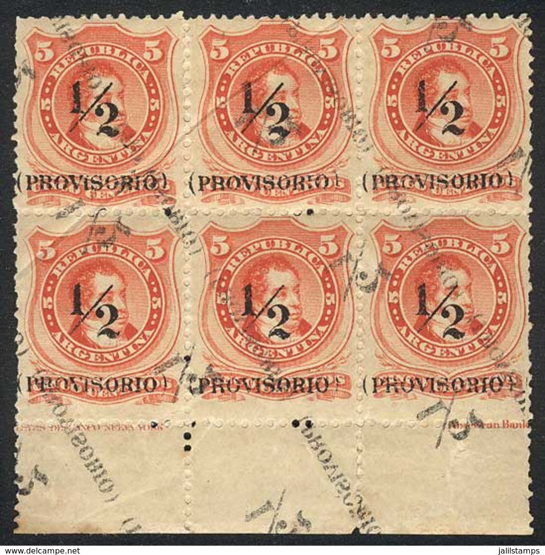 ARGENTINA: GJ.60r, Fantastic Block Of 6 With DOUBLE SURCHARGE, One In Negative And Inverted, VF, Catalog Value US$150. - Sonstige & Ohne Zuordnung