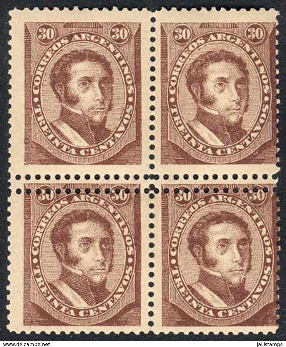 ARGENTINA: GJ.91, 1888 30c. Dorrego, Block Of 4 With DOUBLE HORIZONTAL PERFORATION Variety, Top Stamps Are Lightly Hinge - Other & Unclassified