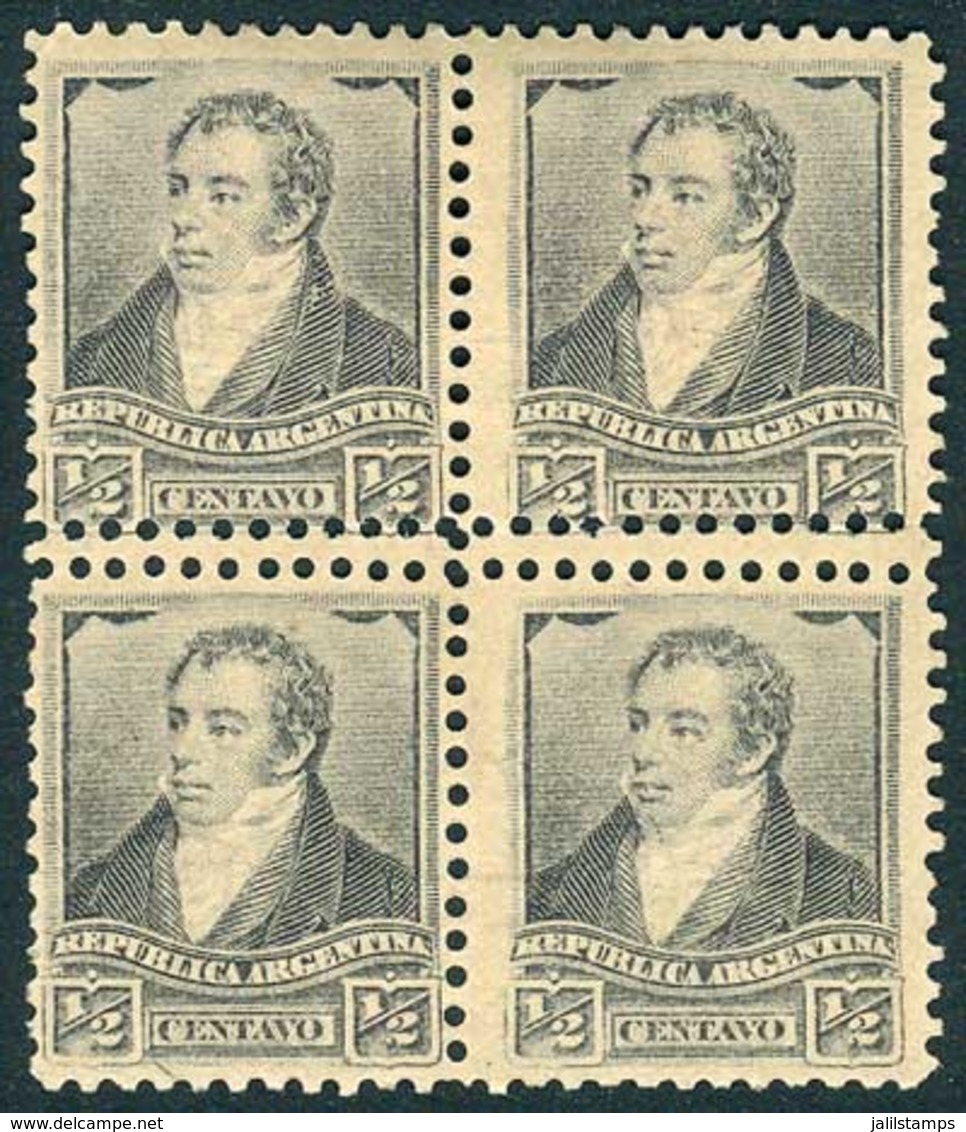 ARGENTINA: GJ.137, 1892 ½c. Rivadavia With Small Sun Watermark, Block Of 4 With Variety: DOUBLE Horizontal Perforation,  - Sonstige & Ohne Zuordnung