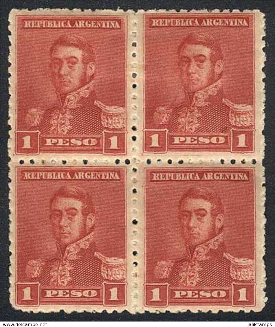 ARGENTINA: GJ.149, 1892 San Martín 1P. Brick Red, Mint Block Of 4, VF (bottom Stamps Never Hinged, And Top Stamps Lightl - Sonstige & Ohne Zuordnung