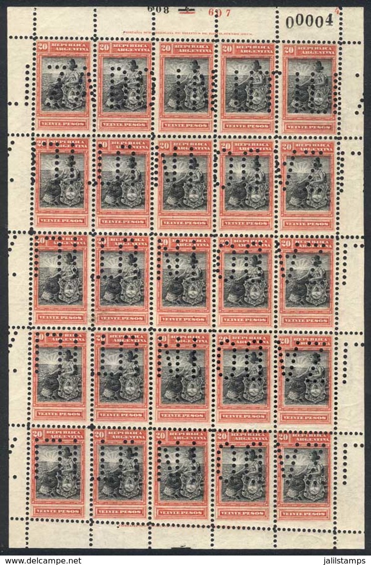 ARGENTINA: GJ.238, 20P. Liberty, Complete Sheet With "INUTILIZADO" Invalidating Perforations, Excellent Quality!" - Other & Unclassified