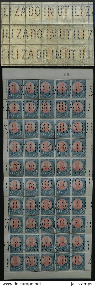 ARGENTINA: GJ.299 + 299b, 1P. San Martín In Oval, Complete Sheet Of 50 With "INUTILIZADO" Bulk Mail Cancel, With Variety - Sonstige & Ohne Zuordnung