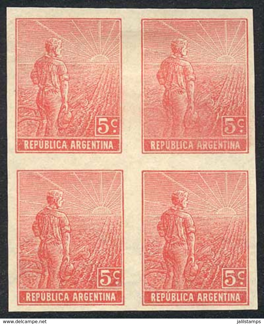 ARGENTINA: GJ.323p, 1911 5c. Plowman With Sun Watermark, IMPERFORATE BLOCK OF 4, Superb, Extremely Rare (only Known With - Altri & Non Classificati