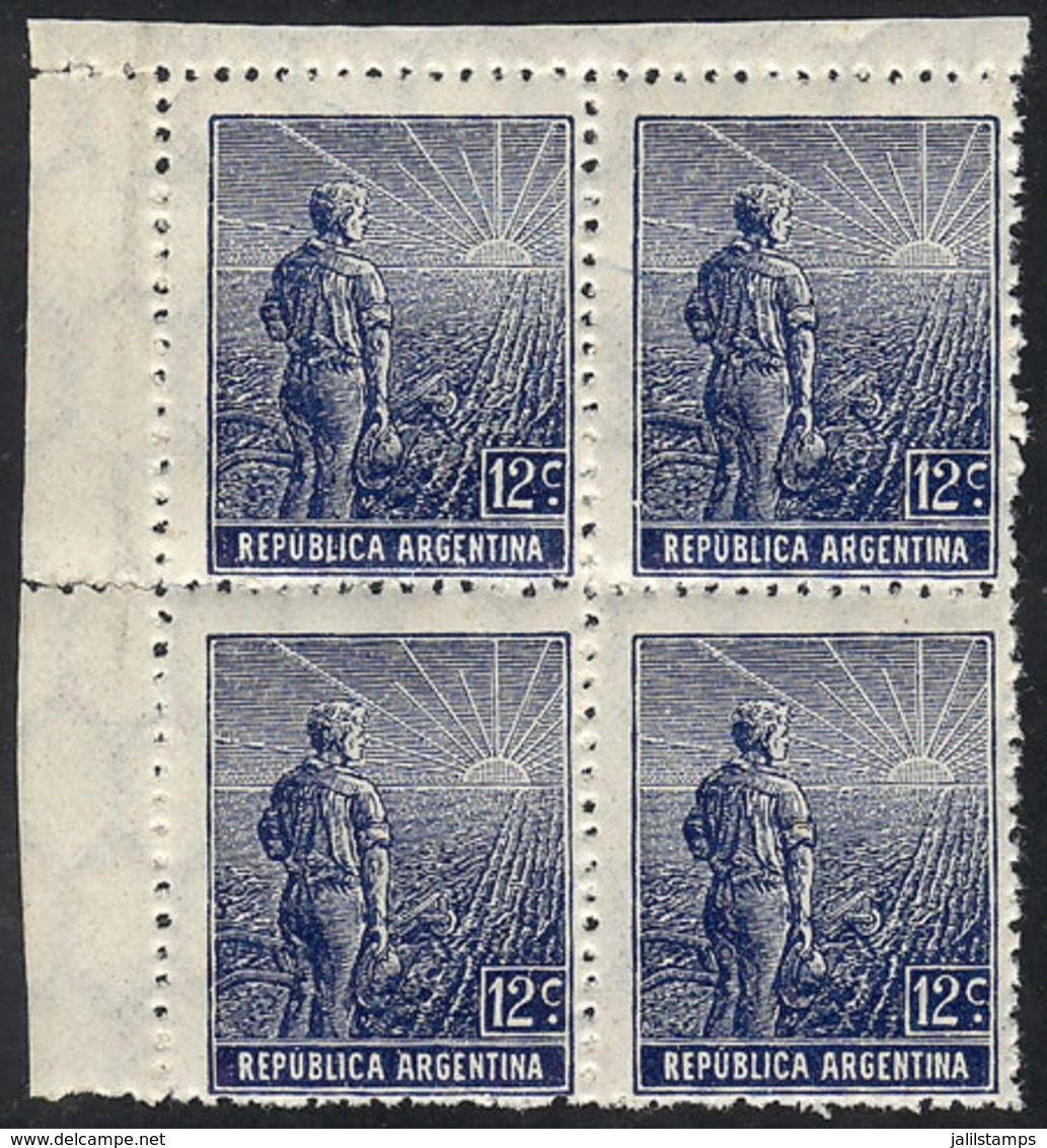 ARGENTINA: GJ.350, 1912 12c. Plowman, German Paper, Vertical Honeycomb Wmk, PERFORATION 13½, Beautiful MNH Block Of 4, W - Otros & Sin Clasificación