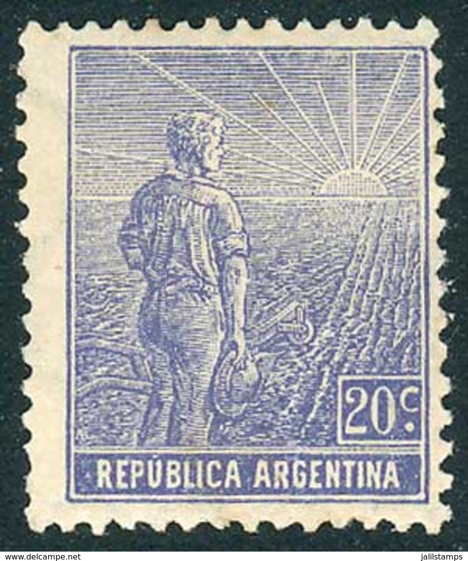 ARGENTINA: GJ.370, 1915 20c. Plowman Printed On Italian Paper, Vertical Honeycomb Watermark, Perforation 13½x12½, Mint,  - Altri & Non Classificati