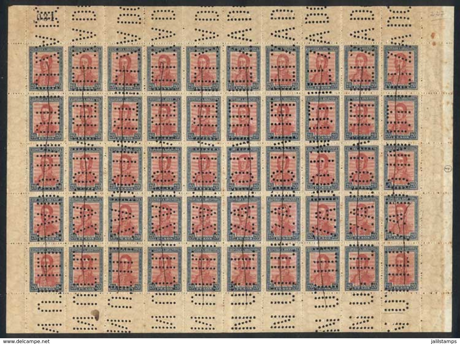 ARGENTINA: GJ.455O, Complete Sheet Of 50 Examples With "INUTILIZADO" Bulk Mail Cancel And Pen Cancel (used For Bulk Mail - Otros & Sin Clasificación