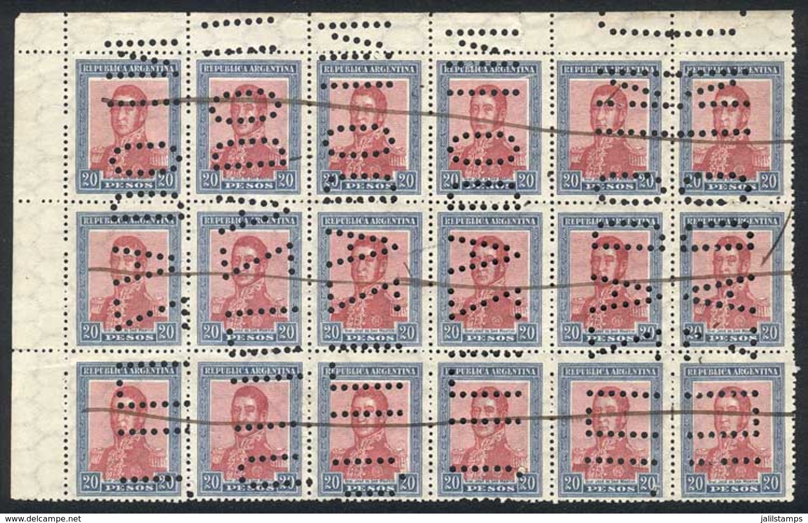 ARGENTINA: GJ.455O, Handsome Corner Block Of 18, With "INUTILIZADO" Invalidating Perforations And Pen Cancel, VF Quality - Other & Unclassified