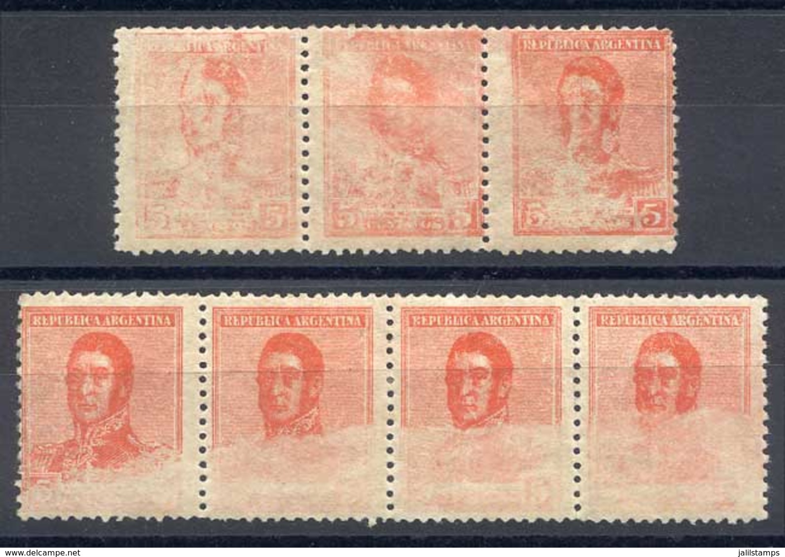 ARGENTINA: GJ.462, Strips Of 3 And 4, With Important PRINTING DEFECTS (incomplete), VF Quality, Fantastic! - Otros & Sin Clasificación