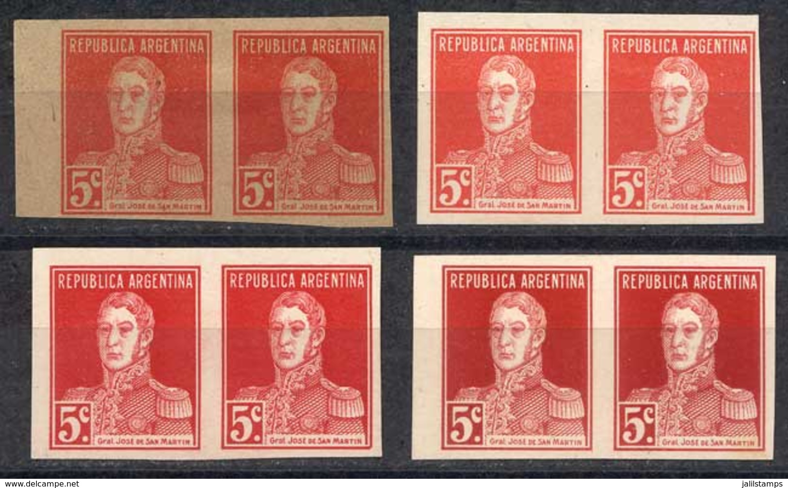 ARGENTINA: GJ.567, 1923 5c. San Martín With Period, Different TRIAL COLOR PROOFS In Pairs: One On Thin Ordinary Paper In - Otros & Sin Clasificación