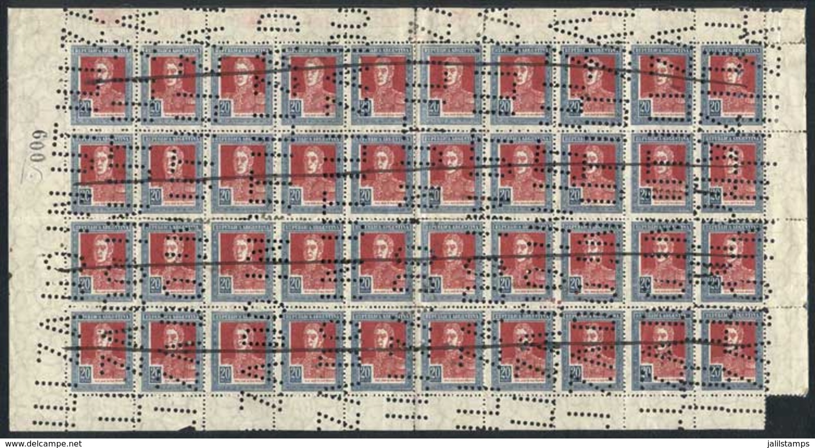 ARGENTINA: GJ.589O, Complete Sheet Of 40 Examples With "INUTILIZADO" And Pen Bulk Mail Cancellations (used For Bulk Mail - Autres & Non Classés