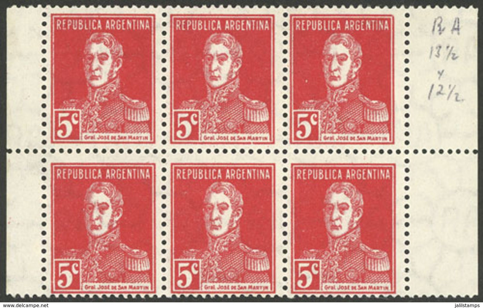 ARGENTINA: GJ.599, Block Of 6 With Vertical Sheet Margins, For Booklet, VF Quality! - Otros & Sin Clasificación