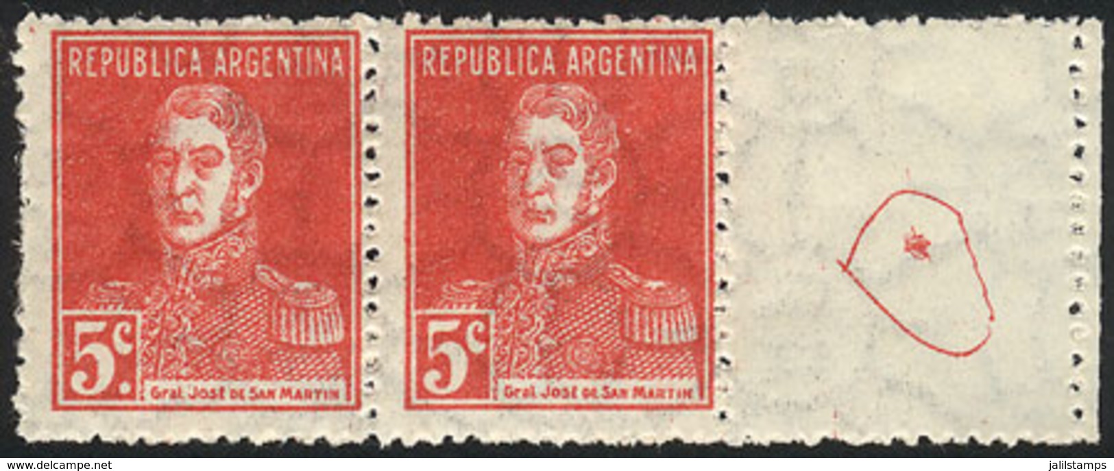 ARGENTINA: GJ.599d + CD, RARE COMBINATION: 1924 5c. San Martín, Pair WITH AND WITHOUT PERIOD, Also With LABEL AT RIGHT ( - Altri & Non Classificati