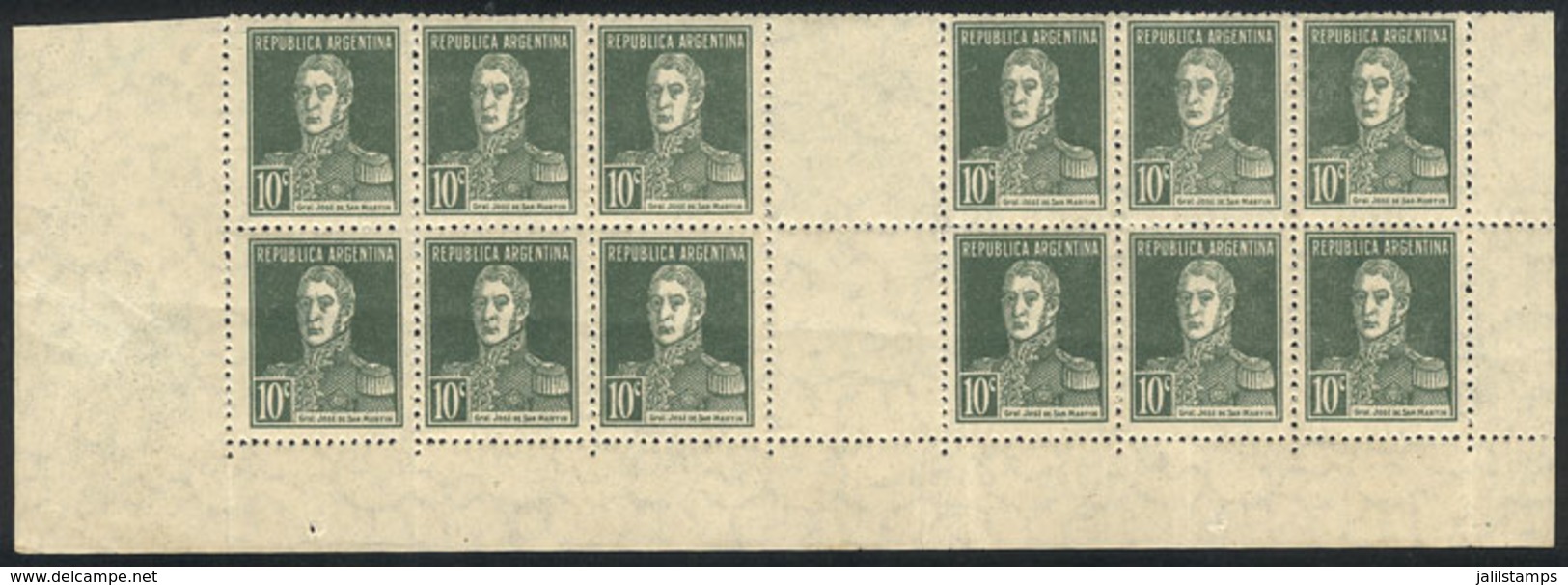 ARGENTINA: GJ.600EV, 1924 10c. San Martín, Block Of 12 Stamps And 2 Vertical Gutters, With All Its Sheet Margins (thus P - Altri & Non Classificati